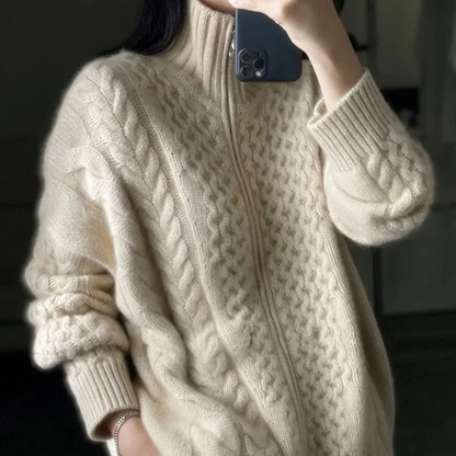 Cable Knit Zip Jumper | Soft Beige Essential for Autumn