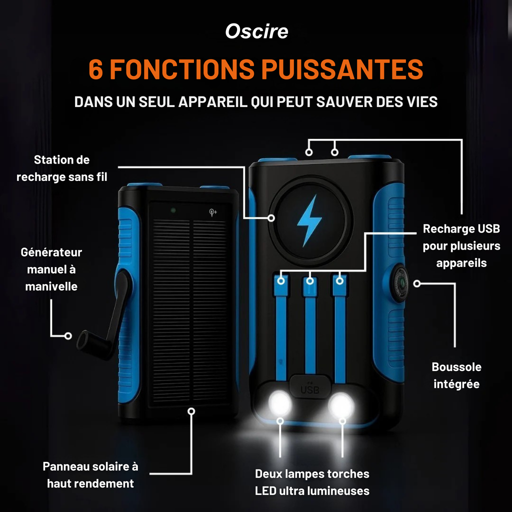 Batterie externe solaire sans fil avec fonction de recharge à manivelle