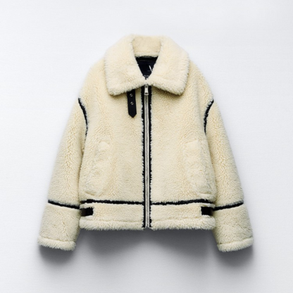 Faux Shearling Jacket | Chic Contrast Trim Look