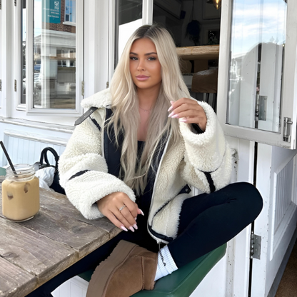 Faux Shearling Jacket | Chic Contrast Trim Look